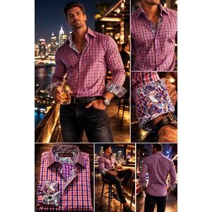 Robert Graham Shirt Large Classic Fit Reverse Cuffs Checked Skulls Multicolor‎